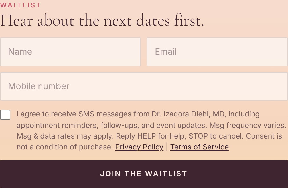 Step 1. The waitlist form appears at the bottom of every page on dradora.com, including dradora.com/book. The SMS checkbox is unchecked by default and is optional.