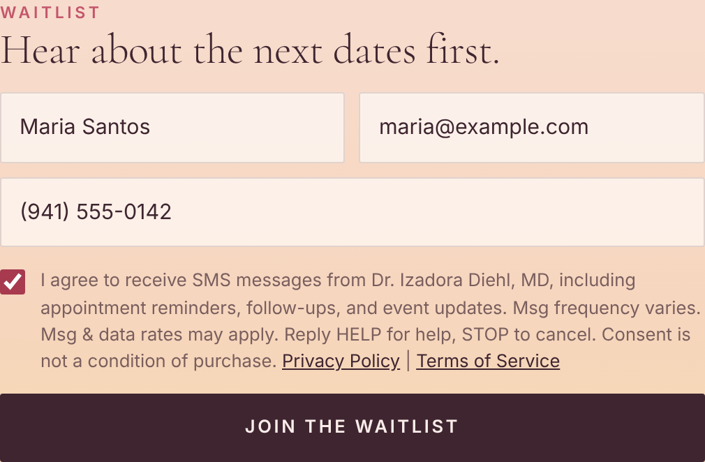 Step 2. The person enters their name, email and mobile number, and checks the SMS consent box to opt in.
